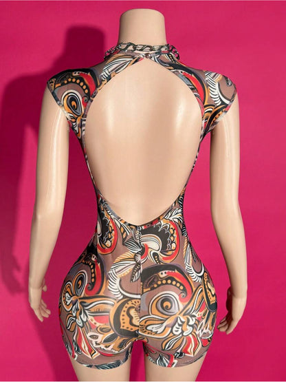 2025-Summer New Sexy Backless Floral Pattern Women'S Mesh Skinny Jumpsuit | Casual Street Music Festival Shopping, Halter Neck Style