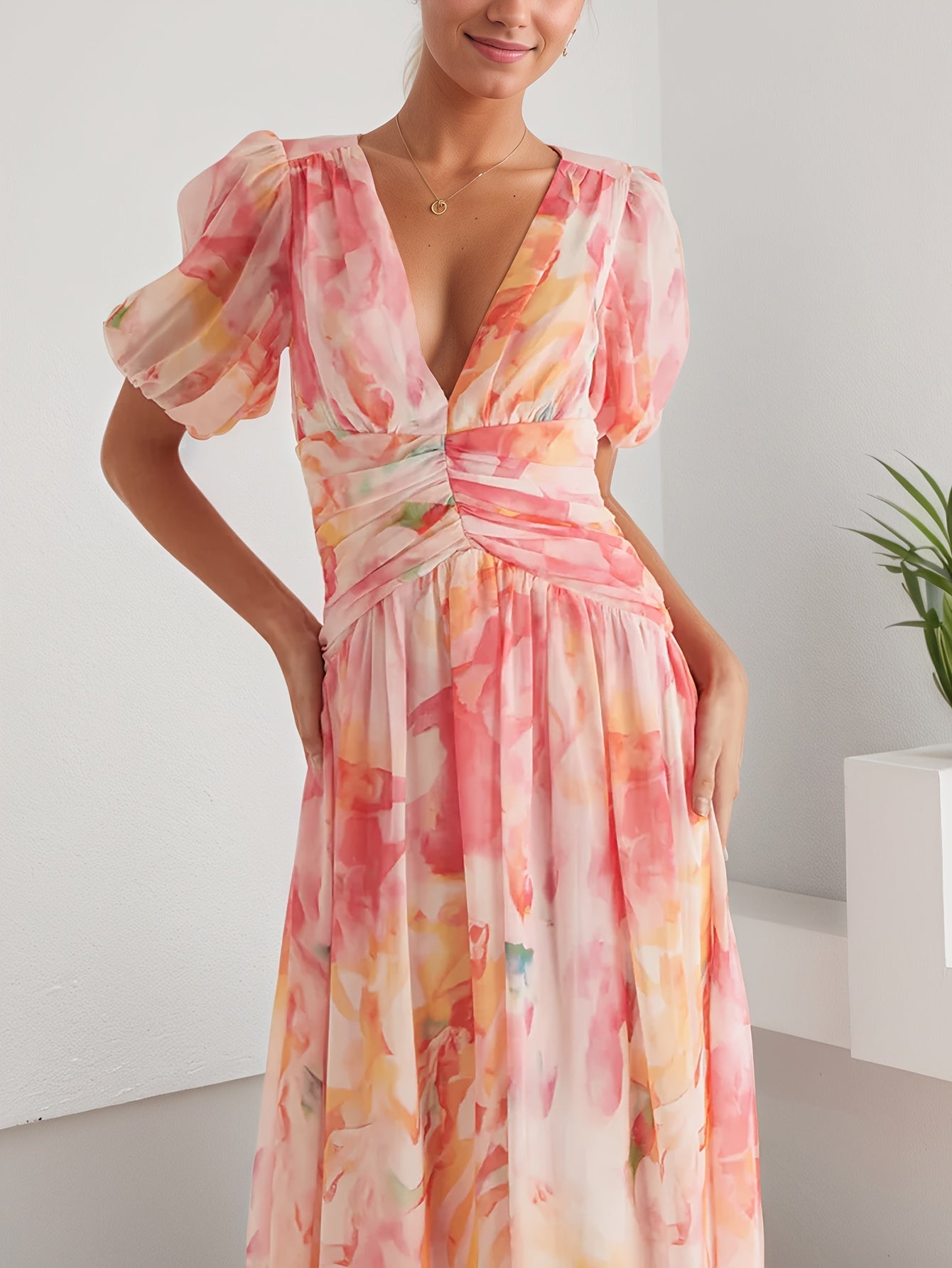 A Women'S Dress Featuring a Long Chiffon Skirt with a V-Neck And Short Sleeves, Designed with a High Waist And Print, Perfect for a Stylish And Refreshing Date Party Look