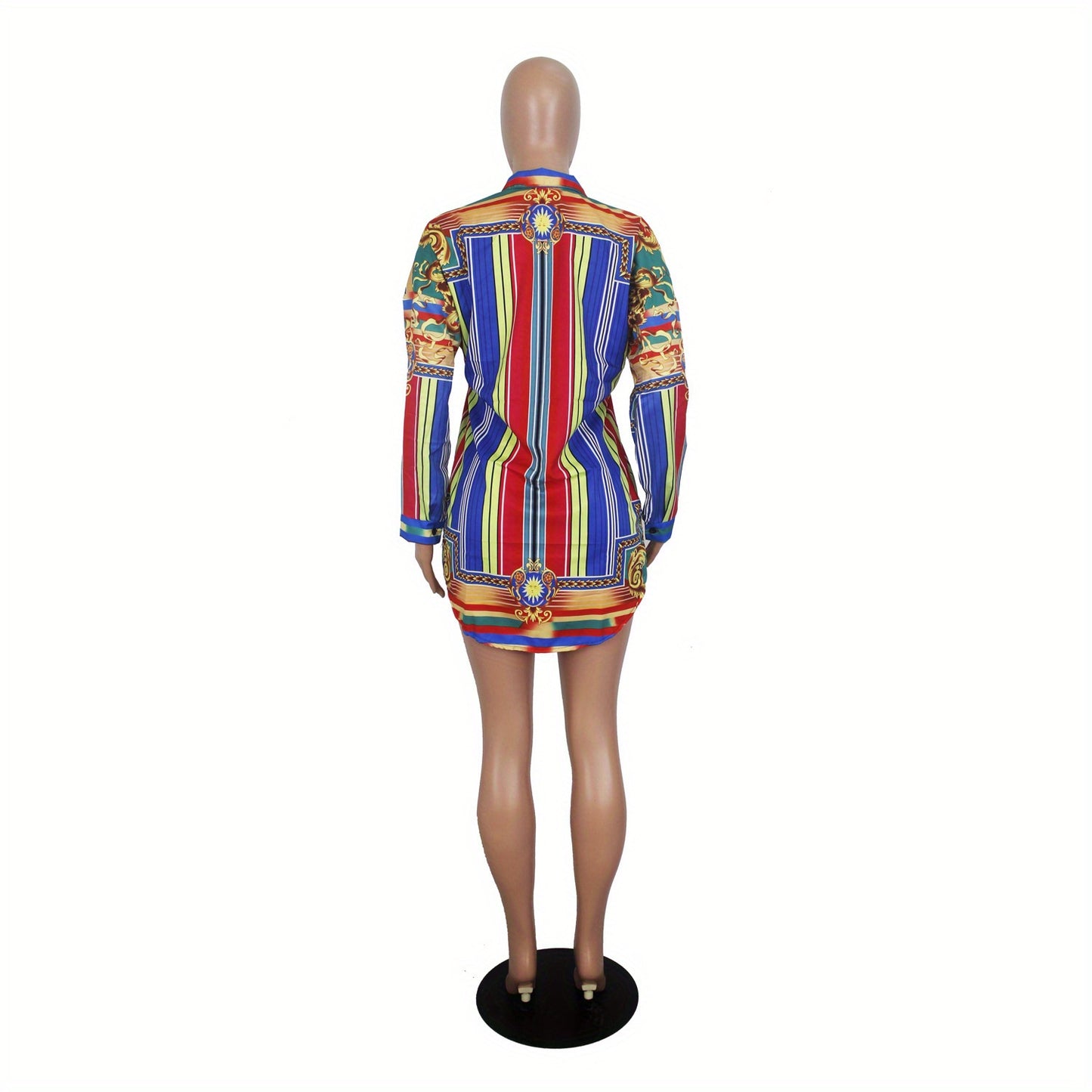 Ladies' Casual Shirt Dress with Colorful Striped Long Sleeved Shirt Dress