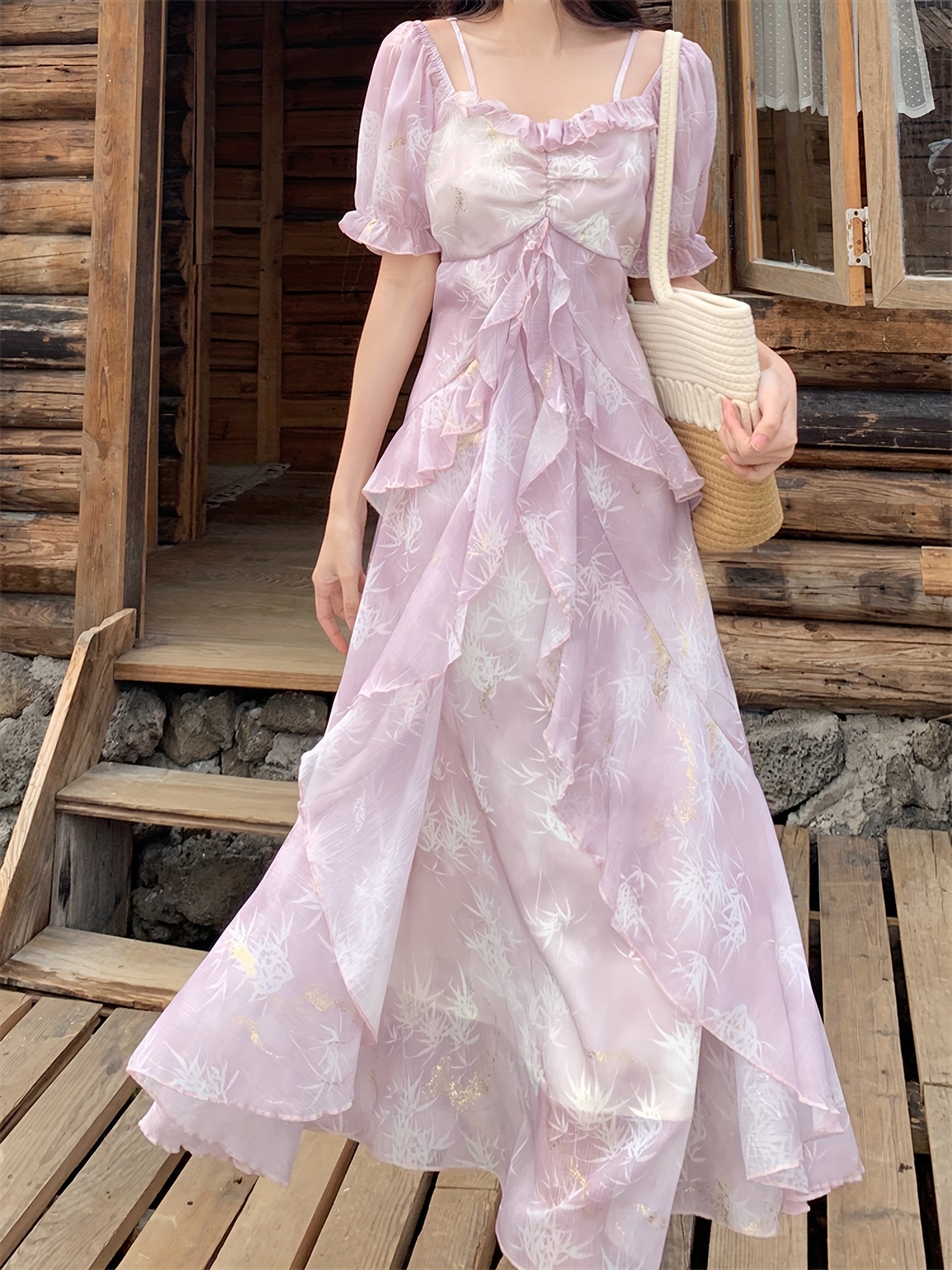 A Stylish Off-Shoulder Long Sleeve Dress for Women Featuring a Lavender Floral Pattern, Ruffle Collar, And A-Line Silhouette. Suitable for Both Formal And Casual Occasions, This Machine Washable Dress Is Perfect for Spring An