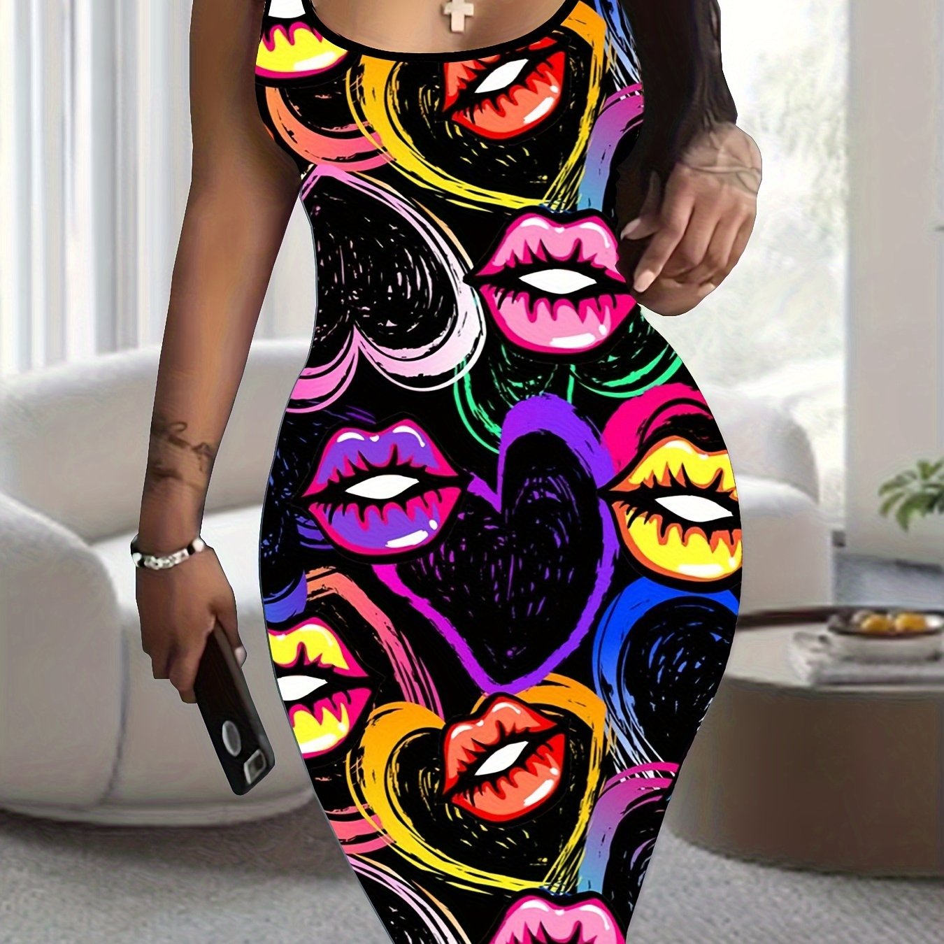 Suitable for Summer, Lip Heart Sweet Whisper: Graffiti Style Tight Dress, Charming Versatile Tight Dress, Machine Washable