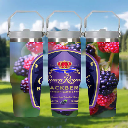 1pc 30oz Stainless Steel Insulated Tumbler with Lid & Straw - Crown Royal Blackberry Flavored Whiskey Art Design, Double-Wall Vacuum Insulation Keeps Drinks Hot/Cold, Perfect for Coffee, Tea, Cold Beverages, Outdoor Camping,