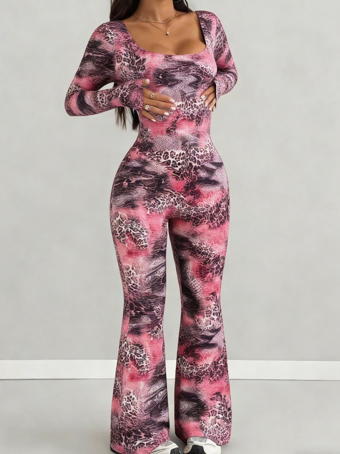 Women'S Jumpsuit Set | Casual Fashionable Sexy, Loose U-Neck Cut, Slim Fit, Pink Black Leopard Print, Long Sleeve Flared Leg, Versatile Use, Suitable for Multiple Occasions & Seasons, Ideal for Outdoor
