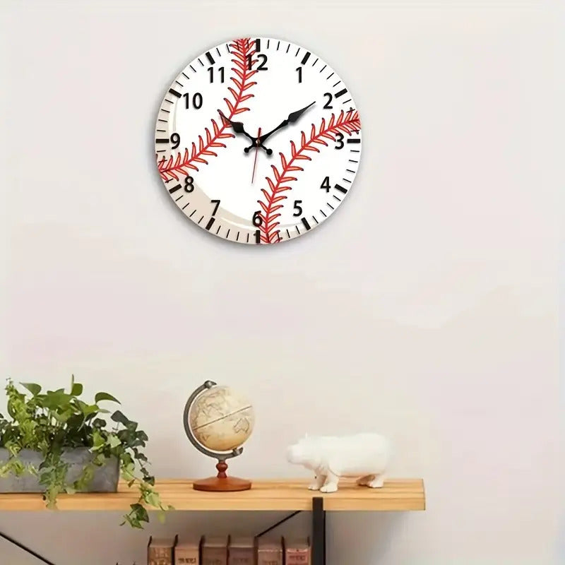 1pc Baseball-Themed Wall Clock - Large Easy-to-Read Black & Red Baseball Seam Design, Silent Quartz Movement with Japanese Mechanism, 9.84-Inch Round Wood Frame, Black Hands & Red Second Hand - Battery-Powered (AA Batteries N