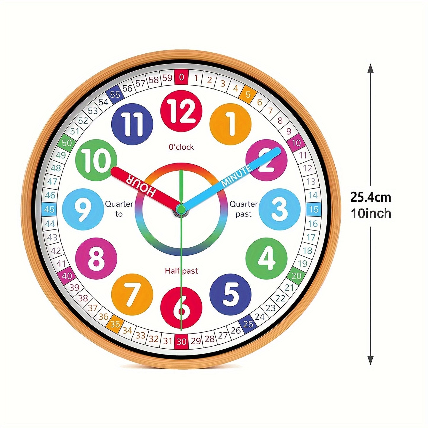 2D Flat, 10-Inch Educational Clock-Silent Non-Tick Learning Tool with Color Coded Minutes, Quiet Japanese Quartz Movement-Suitable for Classrooms, Homes, Offices-Battery Powered Wall Clock (AA Battery Not Included)-Modern Dec