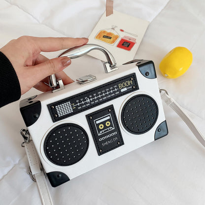 Women's Crossbody Bag with Vintage Boombox Design - Messenger Purse, Chain-like Hardware, Compact Everyday Bag for Women (Black/Red) - Retro '00s Nostalgia Shoulder Bag, Crossbody Purse, Sturdy Strap Design
