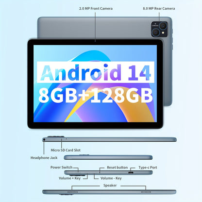 PRITOM Tablet 10.1-inch Android 14 operating system Tableta, 2-in-1 tablet with keyboard, mouse, protective case, stylus, 128GB ROM+(4GB+4GB expansion) RAM, 8MP dual camera, 8-core processor, 8000mAh battery, 1280 * 800IPS hi