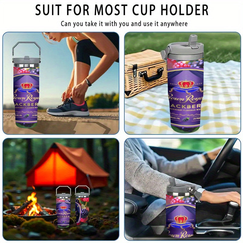 1pc 30oz Stainless Steel Insulated Tumbler with Lid & Straw - Crown Royal Blackberry Flavored Whiskey Art Design, Double-Wall Vacuum Insulation Keeps Drinks Hot/Cold, Perfect for Coffee, Tea, Cold Beverages, Outdoor Camping,