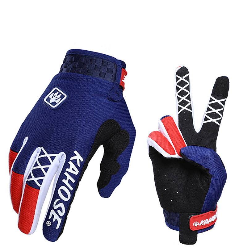 Motorcycle & Motocross Gloves Compatible for ATV/MTB/Dirt Bike Riding - Dark Blue & Red Off-Road Racing Bike Gloves with Buckle Closure, - Motorbike & MTB Cycling Gear for MX Sports