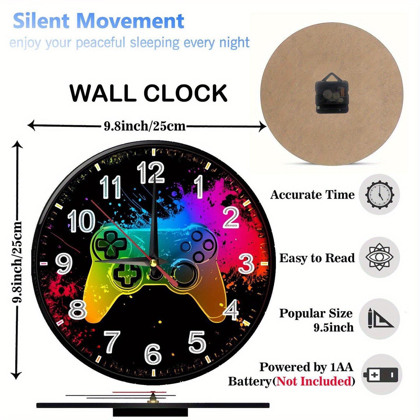 Non-Electric 2D Retro Game Theme Wooden Round Wall Clock, Farmhouse Style Home Decor for Kitchen, Bedroom & Office, Silent Operation, Battery Not Included, Halloween and Christmas Gift, 9.8x9.8 Inches, Holiday Gift, Bedroom D