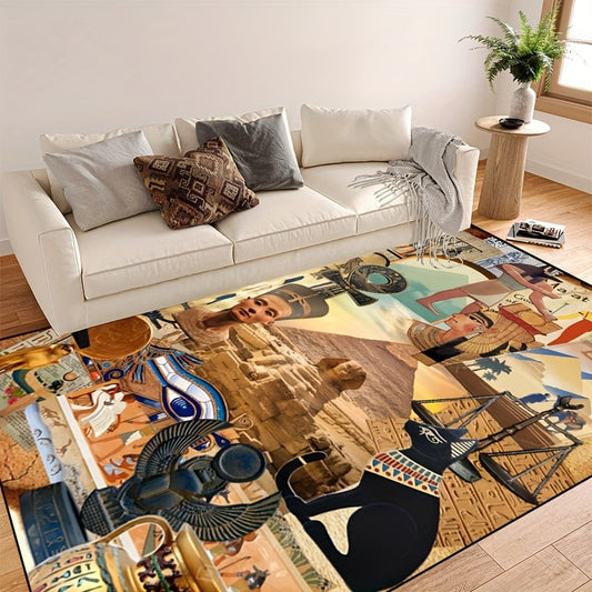 1pc Non-Slip High Quality Machine Washable Mat - Egyptian-Themed Polyester Mat with Hieroglyphics & Pharaohs Design, Large Area Mat for Indoor/Outdoor Use in Entryway, Living Room, Bedroom, Patio, Garden - Home Decor, Washabl
