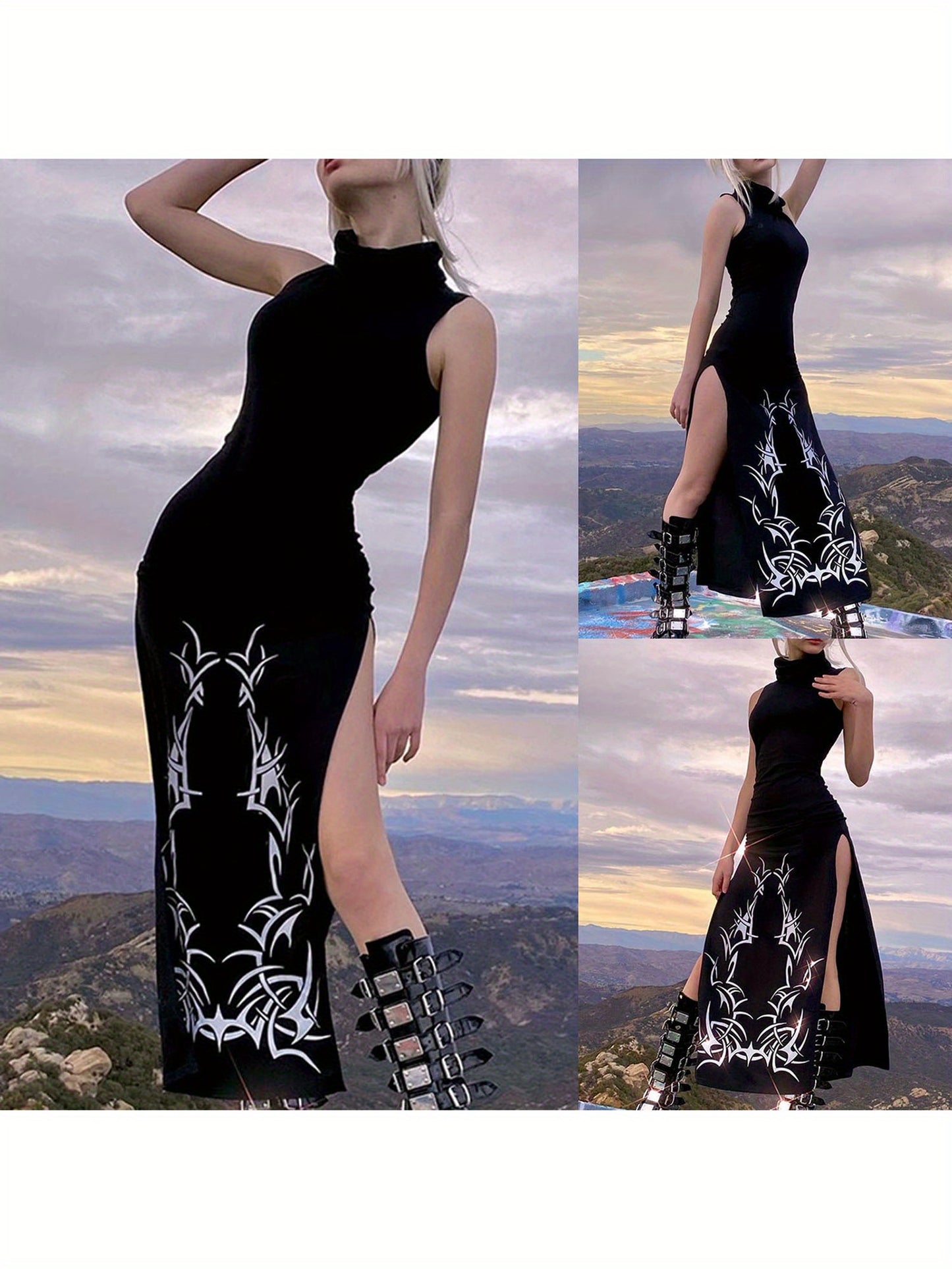 Womens Summer Sleeveless Long Dress Vintage Printing High Collar Slim Fit Split Dress