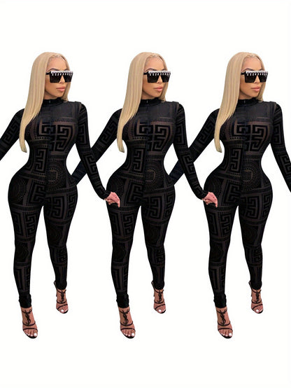 Women's Sexy One-Piece Outfit - Non-Transparent Long Sleeve Jumpsuit, Machine Washable Party & Everyday Jumpsuit for Women (S-XXL) - D9459