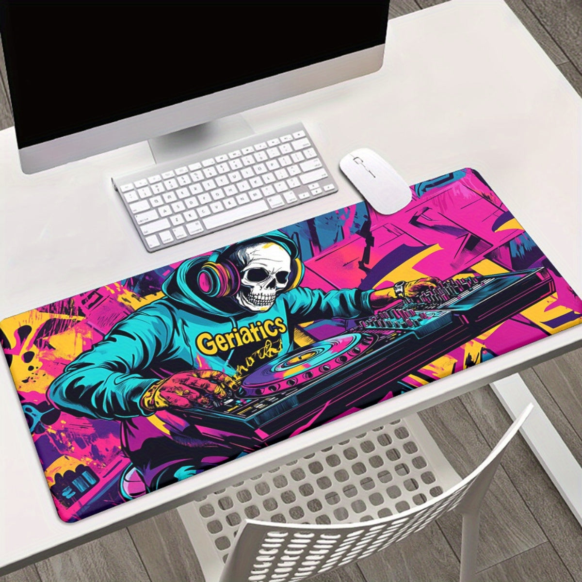 1pc Vibrant DJ Skeleton with Musical Notes HD Printed Desk Pad - XXL Mousepad, Keyboard & Gaming Mat, Rubber Base, Ideal for Office & PC Gamers, Perfect Gift for Family & Friends, Gaming Desk Accessory|Vibrant Desk Mat|Rubber