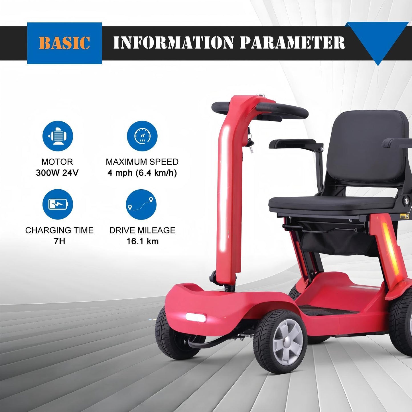 Foldable Mobility Scooter for Adults & Senior, 4 Wheels Powered Device for Travel, Lightweight and Portable, with LED Strip Light, Storage Bag, Charger Included, No Assemble Required