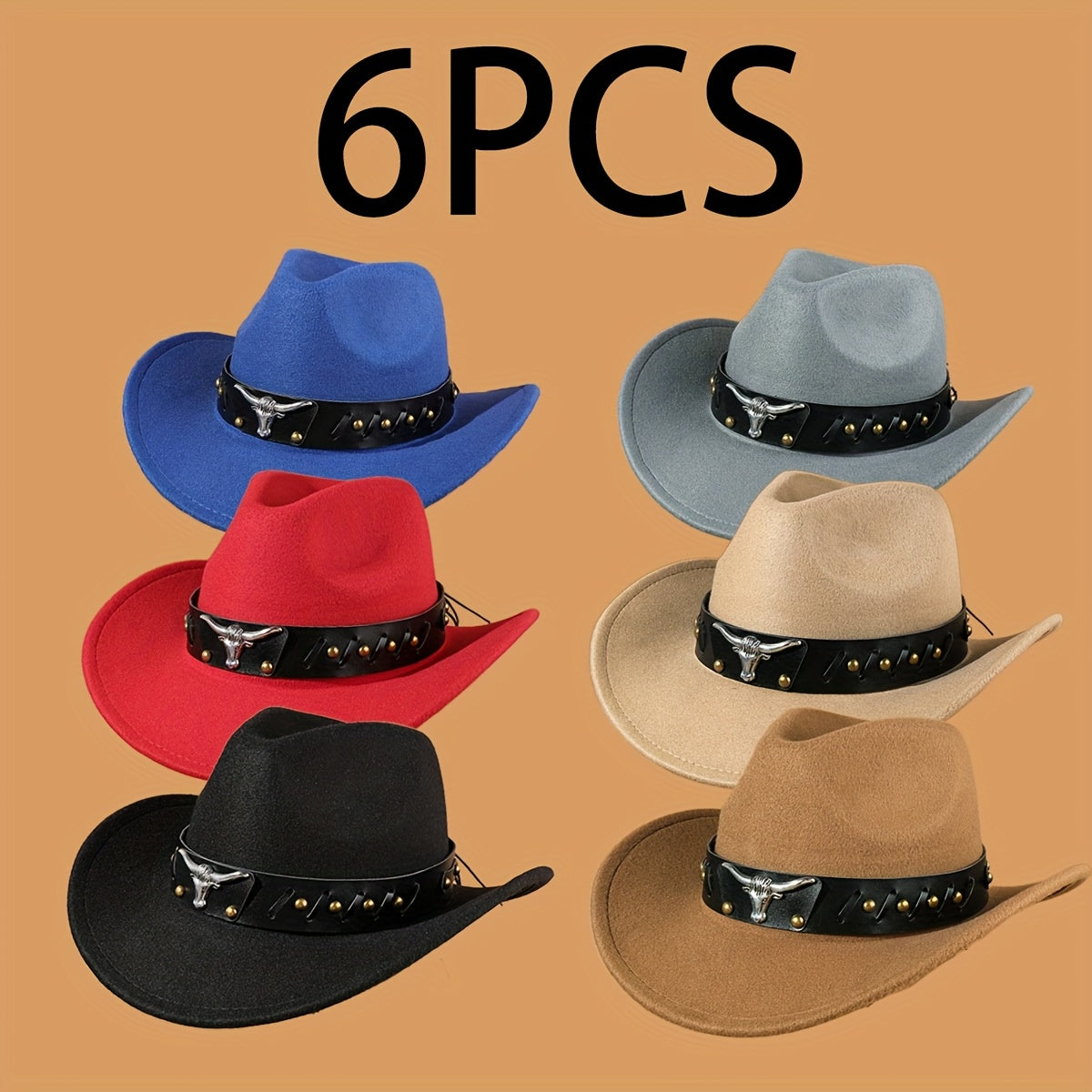 Vintage-Style Western Cowboy Hats - Set of 6 - with Wide Brims - Suitable for Farm Riding And Parties