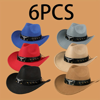 Vintage-Style Western Cowboy Hats - Set of 6 - with Wide Brims - Suitable for Farm Riding And Parties