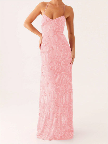 Women'S Elegant Turquoise Sequin & Floral Lace-like Sleeveless Maxi Dress - V-Neck Spaghetti Strap Summer Evening Party Dress, Lightweight Breathable Formal & Semi-Formal Outfit for Beach Events, Prom, Galas - Casual to Forma