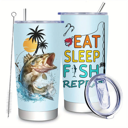 1pc 20oz Stainless Steel Insulated Fishing Tumbler with Cleaning Brush - Double-Wall Vacuum Insulation, Leakproof & -Slip Grip, BPA-Free Travel Mug with Fish Design & "Eat Sleep Fish Repeat" Slogan, Spill-Resistant Lid for Ho