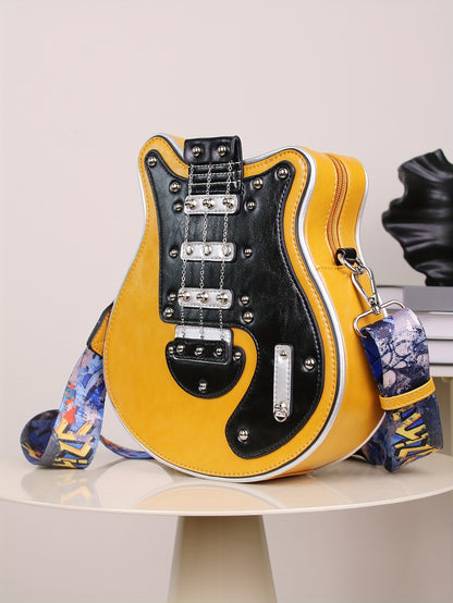Women's & Unisex Y2K Retro Music-Themed Bass Guitar-Shaped Crossbody Bag with Detachable Strap, Golden-Tone Hardware & Zipper Closure - Band Style Handbag for Musicians & Music Lovers (Red/Black) - 2024 New Design with Chain