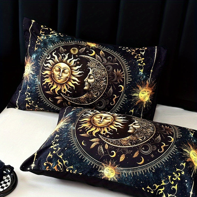 3pcs Duvet Cover Set, Polyester 90g Woven, Digital Printed Golden Sun Moon Planet Pattern, Machine Washable, All-season for Home Dormitory, 1 Duvet Cover + 2 Pillowcases (No Insert)