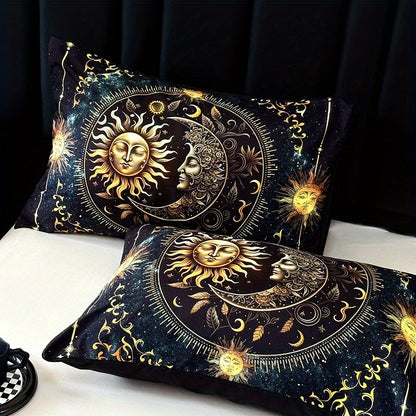 3pcs Duvet Cover Set, Polyester 90g Woven, Digital Printed Golden Sun Moon Planet Pattern, Machine Washable, All-season for Home Dormitory, 1 Duvet Cover + 2 Pillowcases (No Insert)