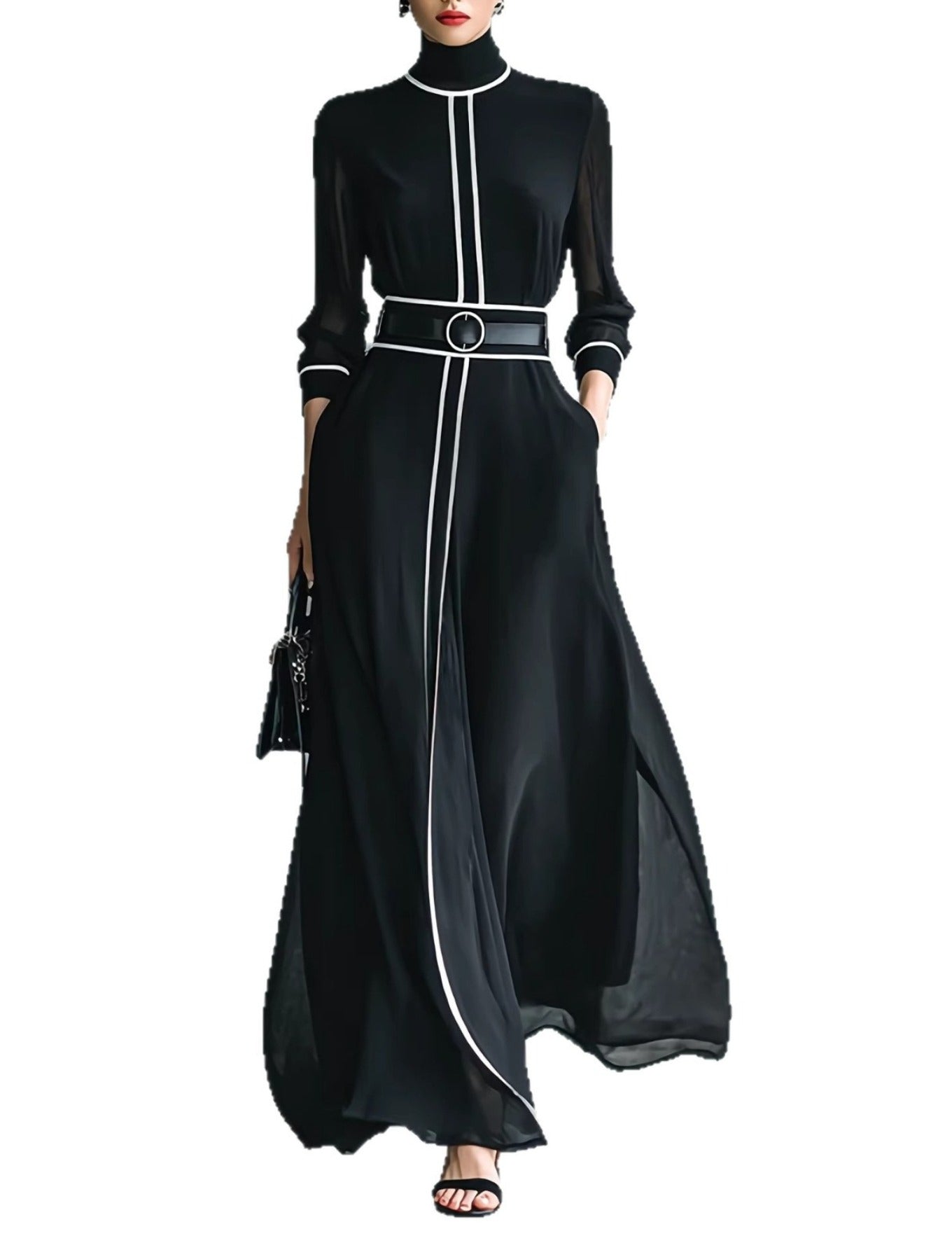 ARTPAGE Spring French Elegant Color-Block Long-Sleeve Dress with High Neck, Chiffon Long Skirt, and Belt