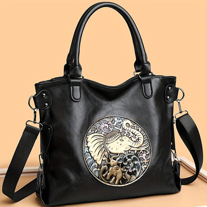 Women'S Large Capacity Tote Bag with Adjustable Strap - Elegant Black & Golden Animal Print (Elephant, Leopard, Lion, Tiger, Dragon) - Durable Synthetic Faux Leather-like Texture, Spacious Everyday Purse for Work, Travel, Ver