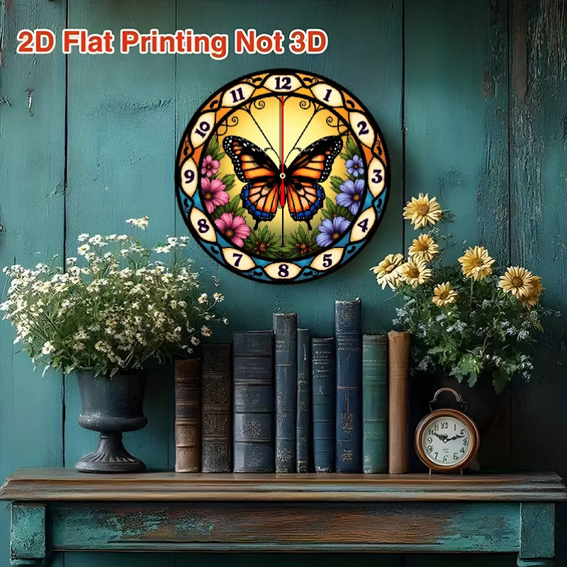 1pc Stained Glass Butterfly Suncatcher Wall Clock - 10 Inch Round Silent Non-Ticking Battery-Powered (AA Not Included) with Easy-to-Read Numerals, Multicolor (Orange/Pink/Purple/Green/Yellow) Floral Butterfly Design - Elegant