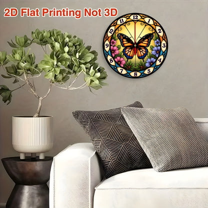 1pc Stained Glass Butterfly Suncatcher Wall Clock - 10 Inch Round Silent Non-Ticking Battery-Powered (AA Not Included) with Easy-to-Read Numerals, Multicolor (Orange/Pink/Purple/Green/Yellow) Floral Butterfly Design - Elegant