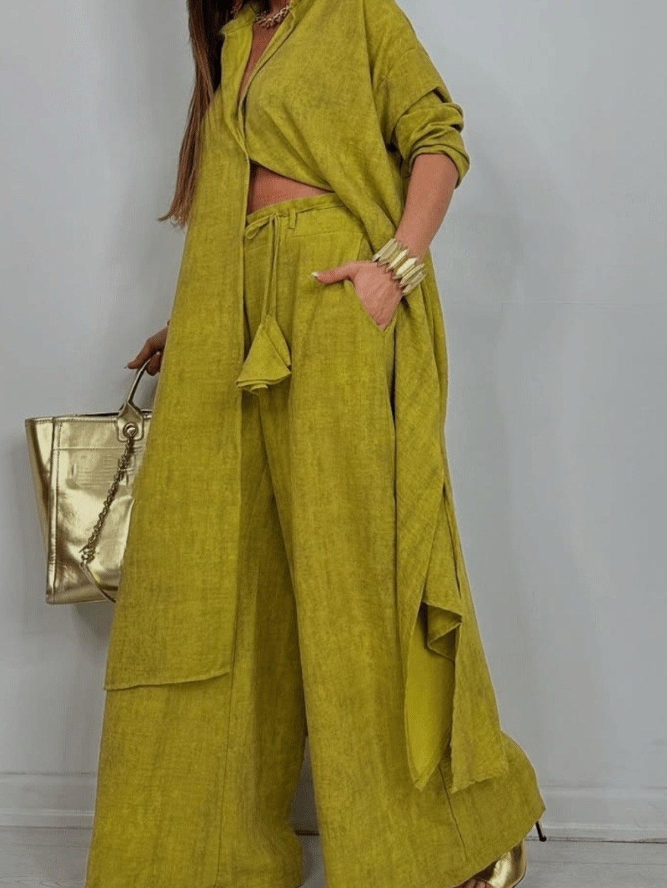 2pcs Olive Green Wide-Leg Pants Set | Vintage-Inspired, Relaxed-Fit Long Coat Paired with High-Waisted Wide-Leg Pants, Perfect for Island Getaways And City Strolls, Suitable for Fall/Winter.