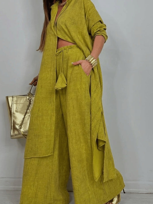 2pcs Olive Green Wide-Leg Pants Set | Vintage-Inspired, Relaxed-Fit Long Coat Paired with High-Waisted Wide-Leg Pants, Perfect for Island Getaways And City Strolls, Suitable for Fall/Winter.