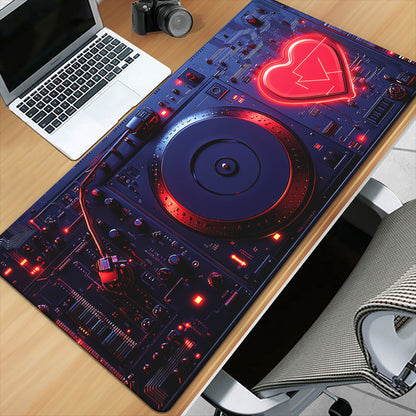 Large Robotic Heart Gaming Mouse Pad - Vibrant DJ Mixer Design, Anti-Slip Rubber Desk Mat for PC & Laptop, Office & Gamers, Soft Fabric Surface, Blue & Red Aesthetic