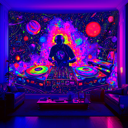 1pc Neon Glow-in-the-Dark DJ-Themed Tapestry - UV Light Reactive Fabric - Large Horizontal Wall Hanging with Neon Glow-in-the-Dark DJ & DJ Equipment Design for Bedroom, Party Decor, Home Entertainment - No Installation Needed