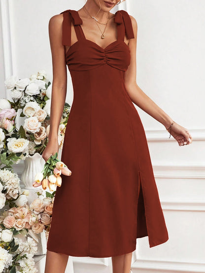 Line -Neck Shimmer Midi Dress - Front Ruching & Side Slit Waist-Defining Dress Suitable for Date Night, Spring/Summer Wedding Guest Dress - Machine Washable Solid Color Elegant Dress