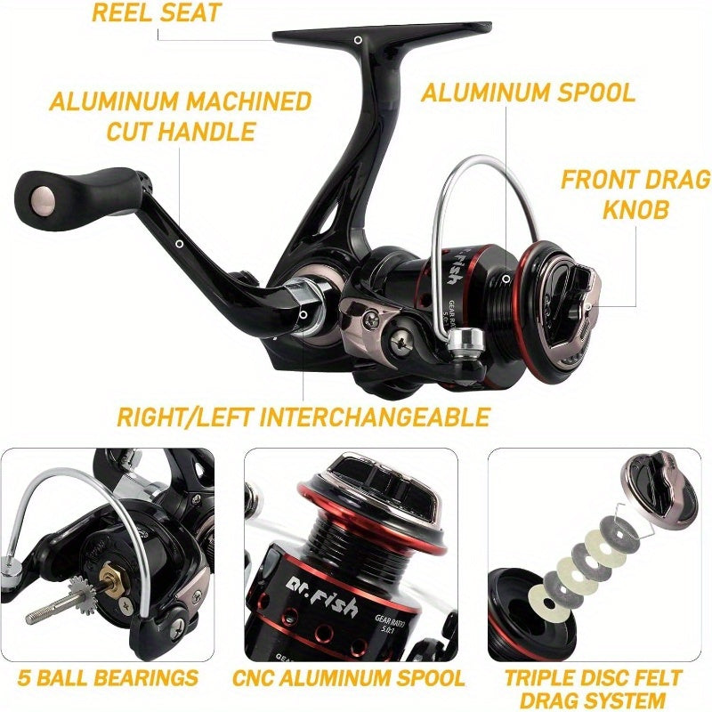 All-in-One Fishing Rod and Reel Combo with Backpack, Chair, Lures & Accessories - Spinning Reel Heavy-Duty Fishing Gear Set with Fast Action Tip, Medium-Light Power, Left-Hand Retrieve, Pre-Spooled Line & Color-Coded Lures fo