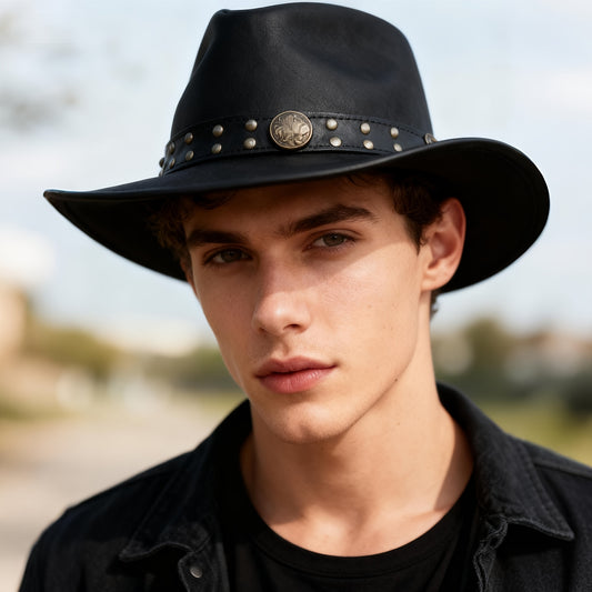 Cowhide Leather Cowboy Western Hat | Genuine Leather Steampunk Deadman Top Hat for Men and Women, Vintage Style for Halloween.