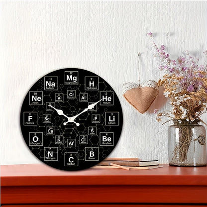 1pc Round Clock, Periodic Table Chemical Symbol Wall Clock, Silent Quartz Round Wooden Clock, Suitable for Bedroom Living Room Office Kitchen Bathroom, Battery Powered (Battery Not Included)