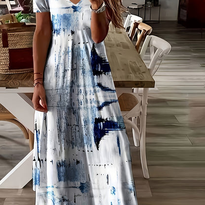 [V-Neck Summer Dress] Women's Casual V-Neck Short Sleeve Tie-Dye A-Line Maxi Dress - Breathable Summer Machine Washable Long Dress with Medium Stretch for Beach, Picnics & Casual Outings, Beach Dresses, Picnic Clothing, Flowy