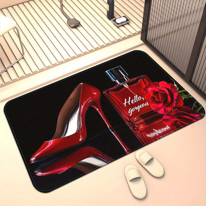 1pc Fashion-Themed High-Heel Shoe & Perfume Bottle Design Door Mat - Absorbent Microfiber, Machine Washable Polyester Rug for Bathroom, Bedroom, Living Room Entrance, Shoe
