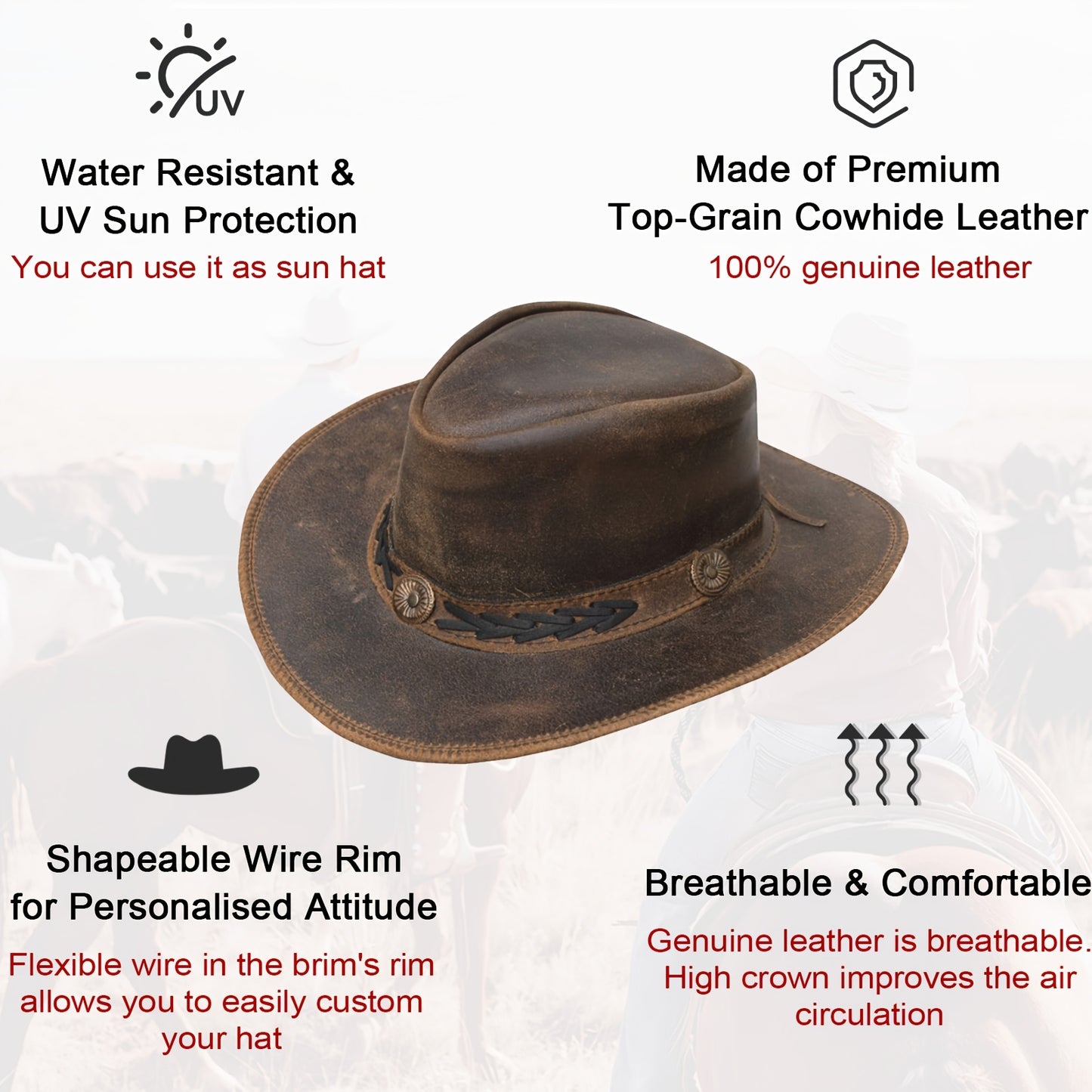 Brown Leather Cowboy Hat For Men Women Western Australian Outback Hat With Shapeable Wide Brim, Aussie Style Genuine Leather Hat