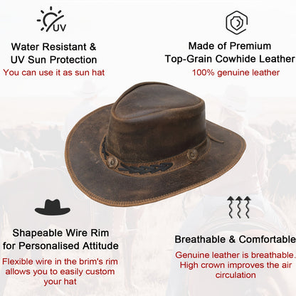Brown Leather Cowboy Hat For Men Women Western Australian Outback Hat With Shapeable Wide Brim, Aussie Style Genuine Leather Hat