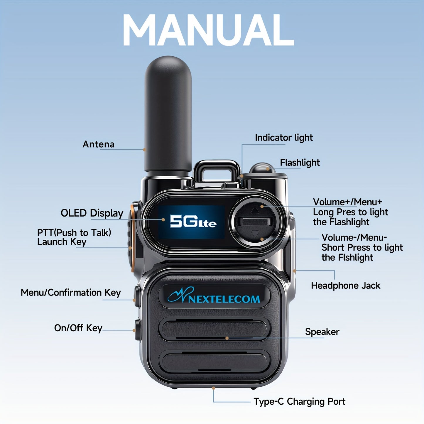 G388 Global Long-range Walkie-talkie 5G Two-way Radio, Multi-LED Flashlight, Rechargeable PTT Cellular Radio Fast Wireless Unlimited Range, Far-end Intercom, HD Sound Quality, Rugged And Suitable for Outdoor Activities (with