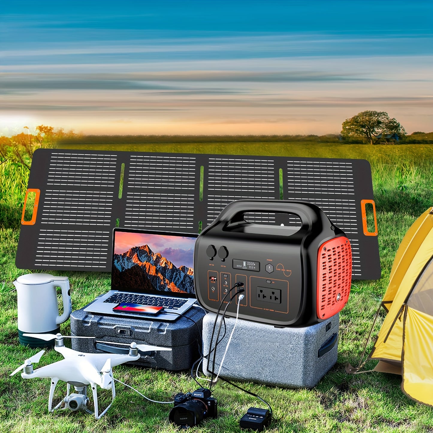 300W/600W/1000W+200W Solar Panel Portable Power Station, 1075Wh Backup Lithium Battery, 120V/1000W AC Outlet, Solar Generator For Home, RV, Outdoor, Camping And Emergencies Use