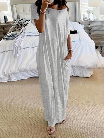 Women's Solid Color Batwing Sleeve Lounge Dress, Casual Comfy Short Sleeve Nightdress for Daily Wear, Loungewear, Ladies Sleepwear for All Seasons