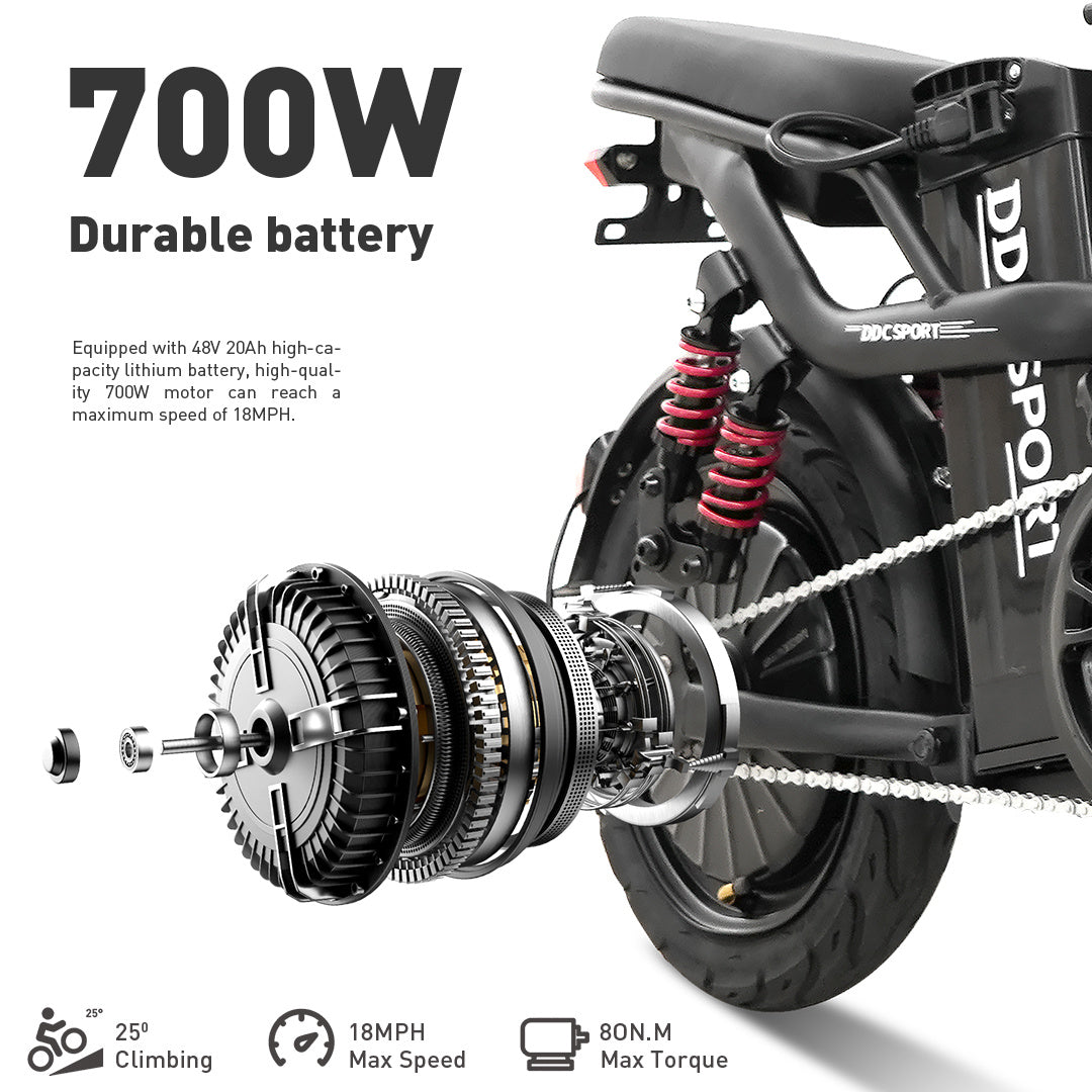 M1 Electric Bike For Adults,32 Miles Range,700W peak motor,20MPH Speed, 48V 20Ah Removable Battery, Dual Disc Brakes, Front And Rear Suspension & Commuter EBike, 14'' all-purpose tire, LCD Mileage Display