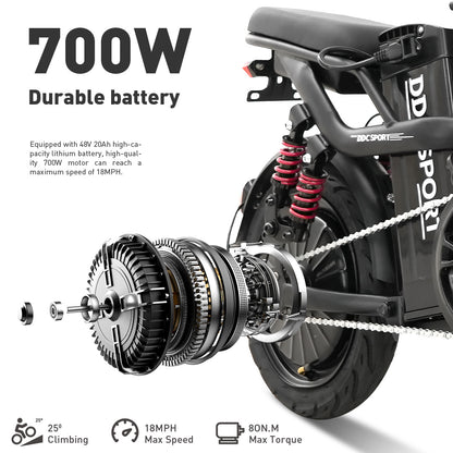 M1 Electric Bike For Adults,32 Miles Range,700W peak motor,20MPH Speed, 48V 20Ah Removable Battery, Dual Disc Brakes, Front And Rear Suspension & Commuter EBike, 14'' all-purpose tire, LCD Mileage Display