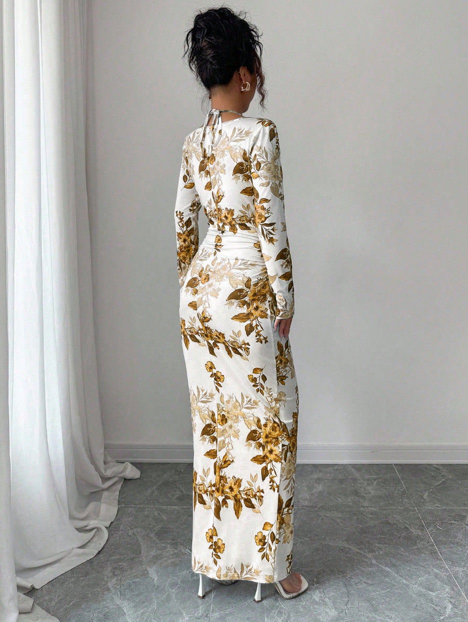 LUCKFOX Women's Clothing 2026 Waist and Thin Spring Early Spring Women's Clothing New Models, Daily Wear, Enjoy Elegant and Beautiful Printed Long Dress Temperament Slim One-word Shoulder Long-sleeved Dress Women Are Now
