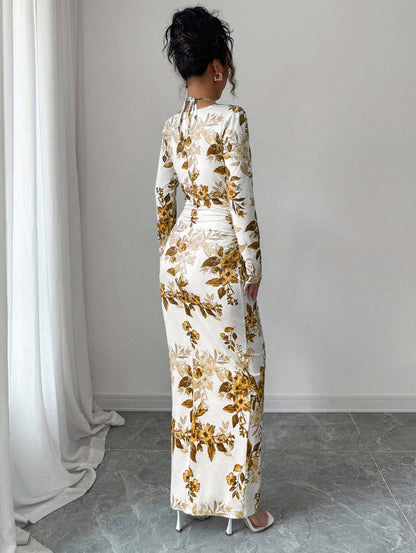 LUCKFOX Women's Clothing 2026 Waist and Thin Spring Early Spring Women's Clothing New Models, Daily Wear, Enjoy Elegant and Beautiful Printed Long Dress Temperament Slim One-word Shoulder Long-sleeved Dress Women Are Now