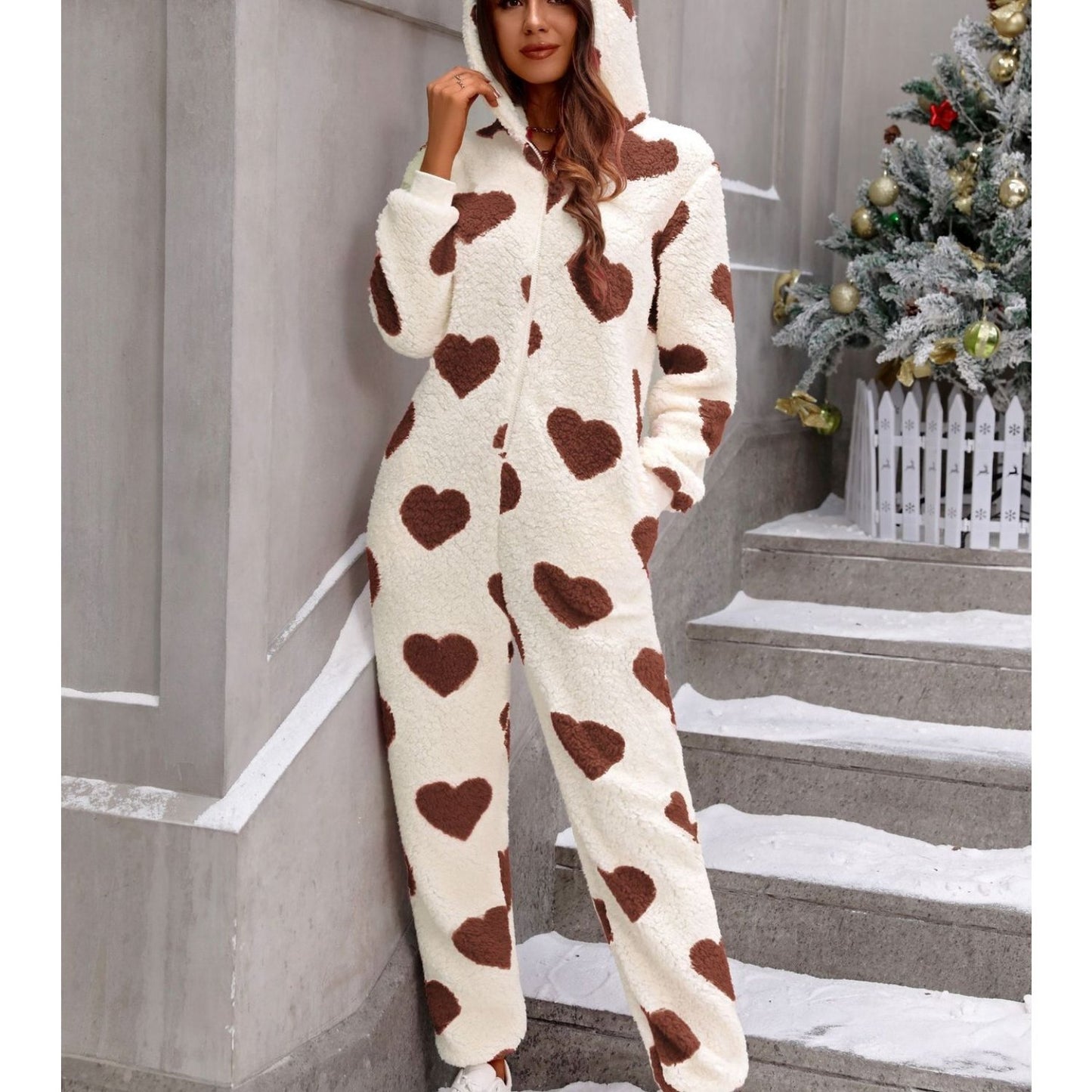 ' Plush Bodysuit - Cozy Hooded -Neck Jumpsuit, Winter Warm Clothing Suitable for Christmas, Machine Washable Solid Color Clothing (No Parts)